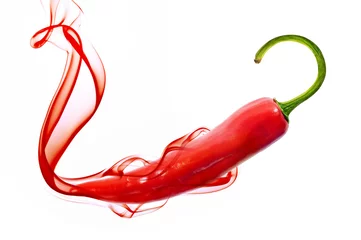 Foto op Canvas rode hete chili peper met rook op wit © Andriy Dykun