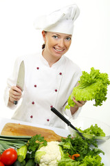 Attractive cook woman a over white backgroun