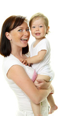 Picture of happy mother with baby over white