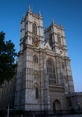 Westminster Abbey against a blue twilight sky