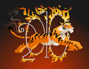 Tiger symbol of the year jumping through a hoop of fire