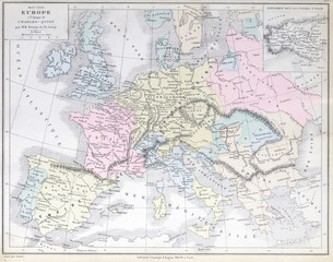 Old map of Europe between 1453 -1558. Published in 1883