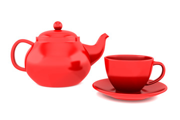 red teapot and cup isolated on white background