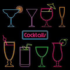 Vector clipart set of outline neon cocktail signs on black background