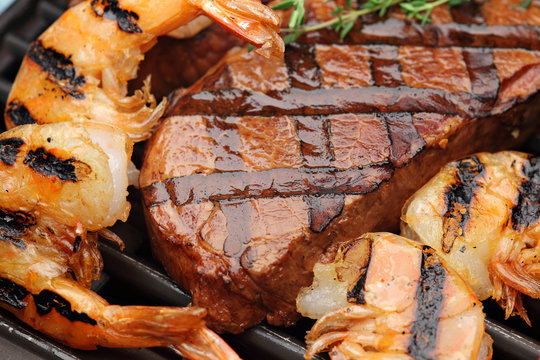 Juicy BBQ Sirloin Steak With Grilled Shrimps - Surf And Turf