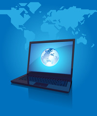 Laptop with globe on screen on blue background
