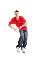 Naklejka premium dancing hip-hop guy in red t-shirt