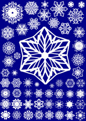 Many vector snowflakes on blue
