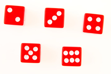 Five dice on a white background