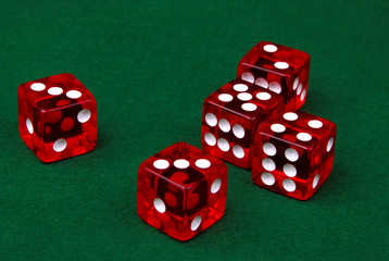 Five dice on a green background