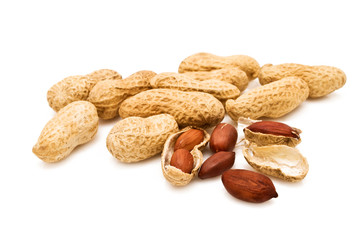 close-up of group peanuts on white background