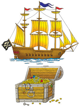 Pirate ship and treasures chest