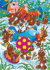 Naklejka premium Ants drag the Christmas decorations