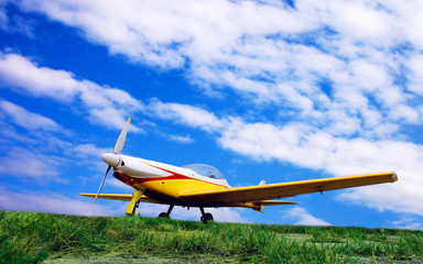 Airplane on sunset sky