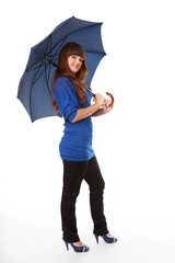 Young woman with umbrella. Isolated on white background