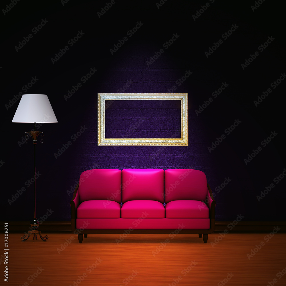 Poster pink couch with empty frame and standard lamp in dark purple min