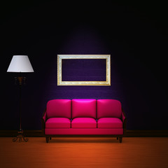 Pink couch with empty frame and standard lamp in dark purple min