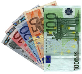 different colorful euro isolated on white background, savings wealth, texture diversity