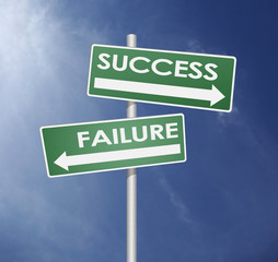 fairure and success direction with arrow in blue sky background