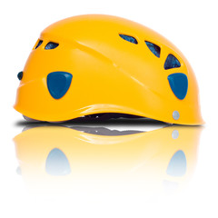 left side view of orange climbing helmet