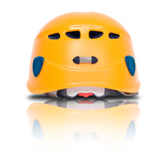 back view of orange climbing helmet