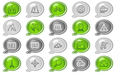 Travel web icons, green and grey speech bubble series