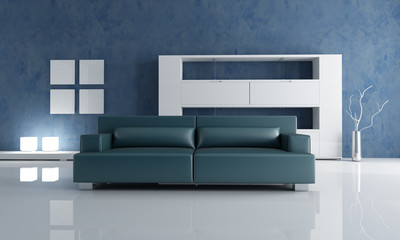 navy blue couch and white empty bookshelf
