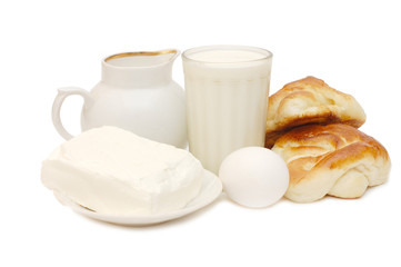 Healthy breakfast - milk, eggs, Cottage cheese, Roll