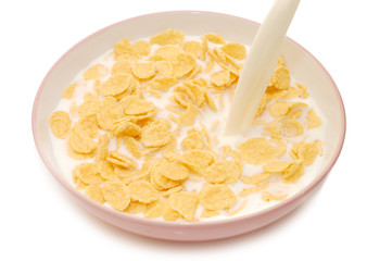 Corn flakes in bowl with milk