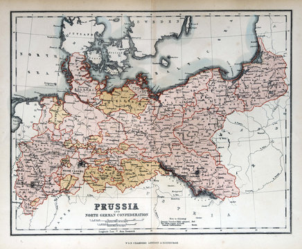 Old map of Prussia, Germany, 1870