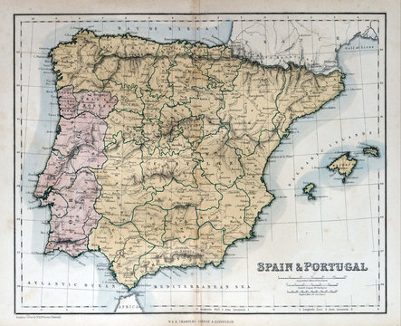 Old Map Of Spain & Portugal, 1870