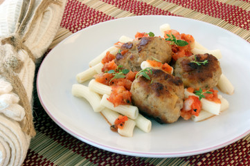 pasta with meat balls and warm tomato