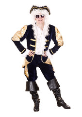 Man in sunglasses and old costume with wig. Isolated.