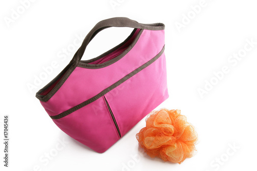 Trousse De Toilette Rose Et Fleur De Bain Orange Sur Fond