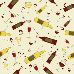 Seamless background wine bottles and glass of wine.