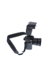 Photo camera and flash lamp on white background