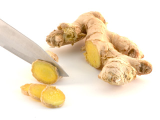 Cutting ginger isolated on white background