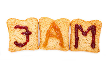 Toast with jam, Orange and blueberry jam forming the letters