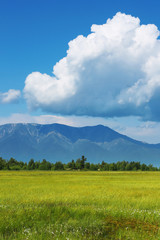 Dark storm clouds over mountains and green rice fields with small wooden buildings