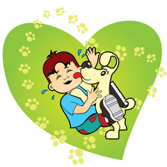 Child is playing with puppy