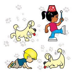 Child is playing with puppy