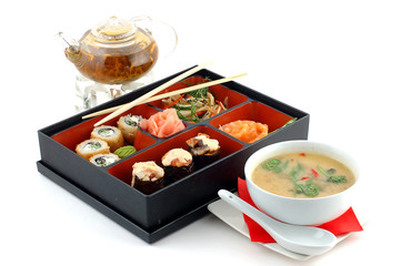 Sushi with tea and soup