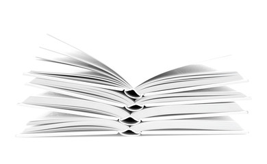 Stacked open white books isolated on white background