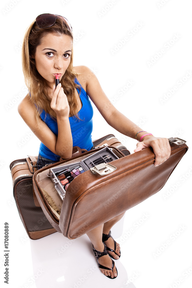 Sticker traveller woman applying makeup