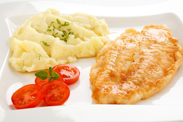 Fish dish - fried cod fillet with mashed potatoes
