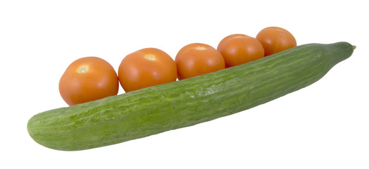 five tomatoes and cucumber isolated on white background