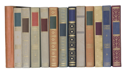 vintage books in a row, isolated, free copy space