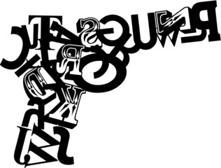Gun composite of letters on white background