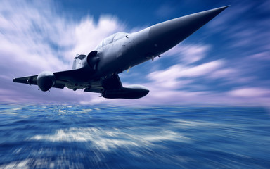 Military airplane low over the sea
