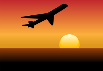 Airline jet silhouette takeoff into sunset or dawn